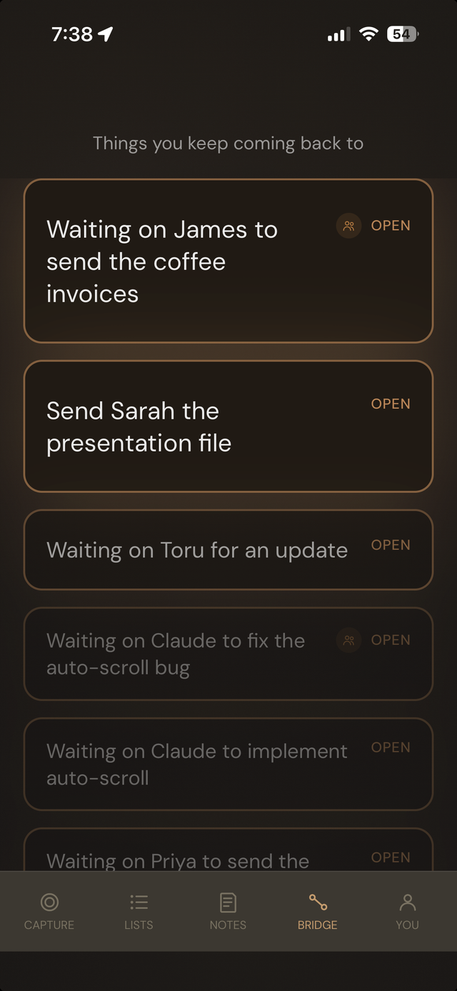 Hey Toru! V2.0 Bridge showing a list of surfaced connections under Things you keep coming back to