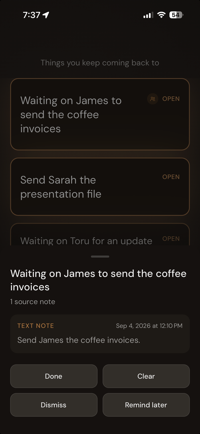 Hey Toru! V2.0 Bridge evidence sheet showing the connected notes and action buttons